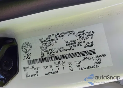 2015 Ford F-150 Platinum z USA, uszkodzony, nr VIN 1FTEW1EF6FFB10757